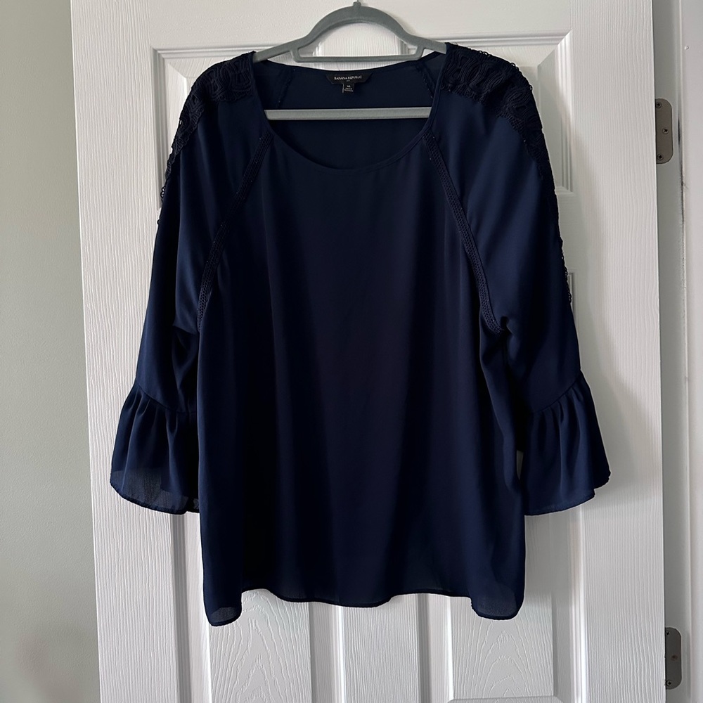 Banana Republic Navy Blouse with Ruffle Sleeves